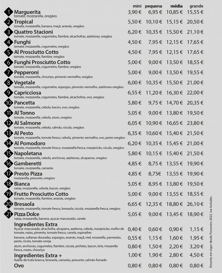 Pizzas Tradicionais Presto Pizza